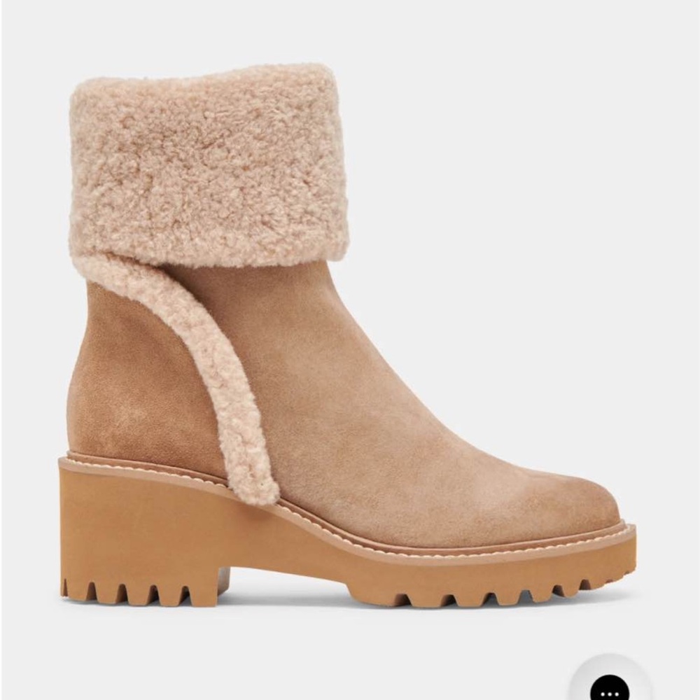 Dolce Vita Tan Suede Shearling Cuff Lug Heel Ankle Boots